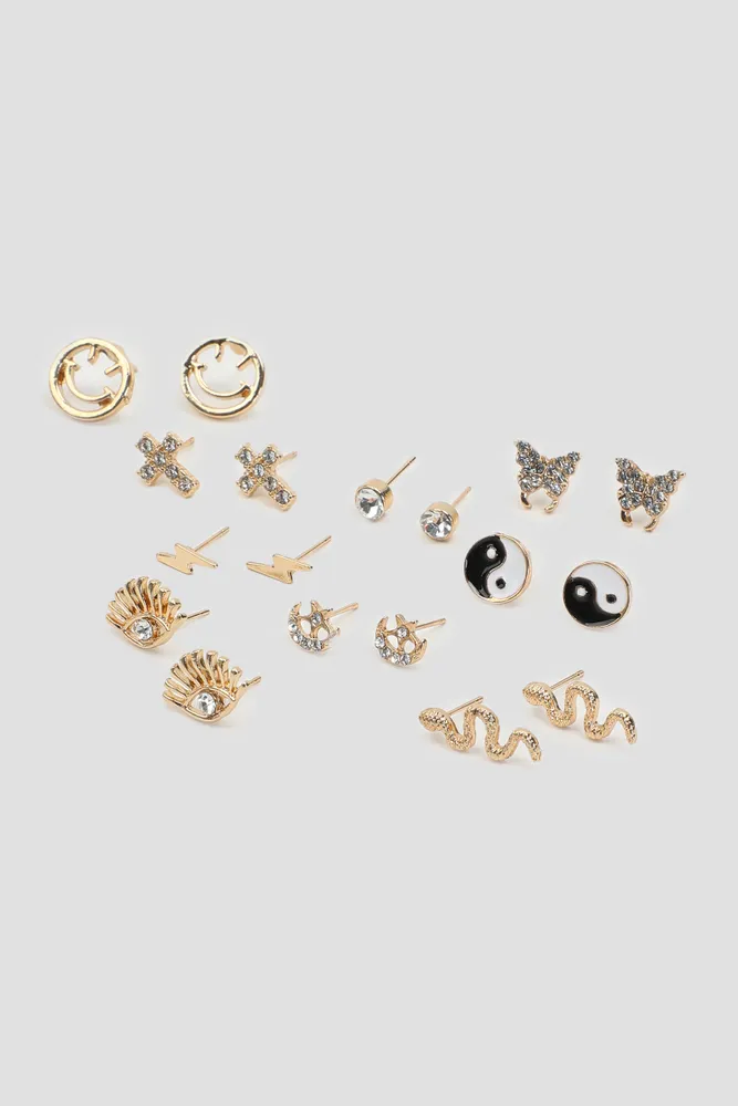 Ardene 9 Pack Assorted Stud Earrings in Gold Stainless Steel