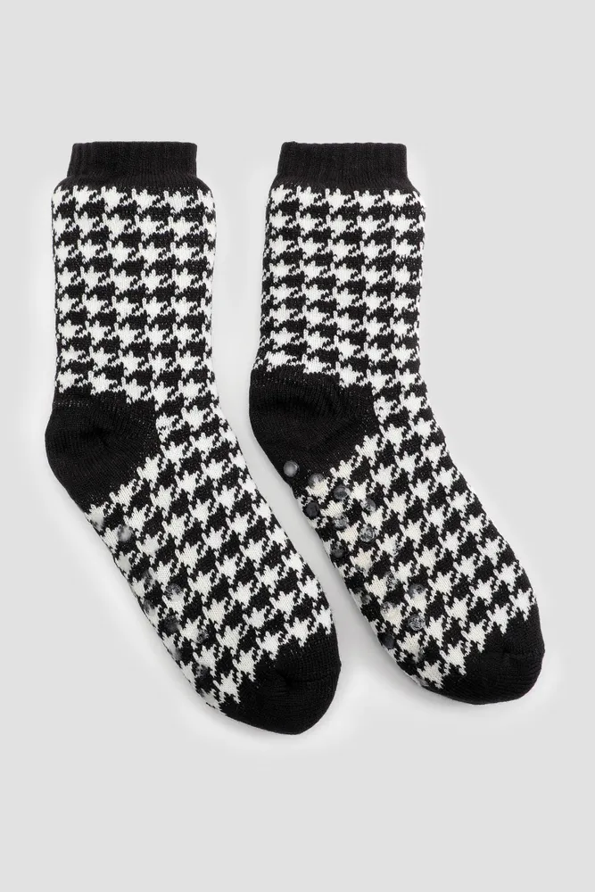 Ardene Houndstooth Slipper Socks in Black Polyester Spandex