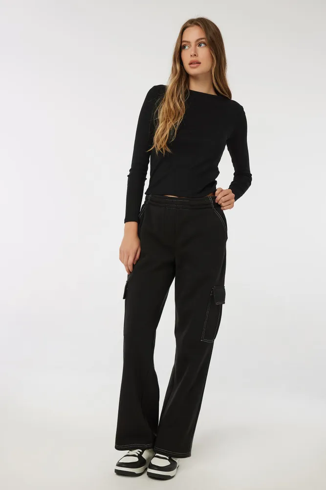 Ardene Knit Cargo Pants in Black Size Polyester Kingsway Mall