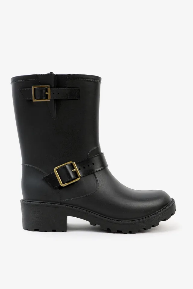 Ardene Double Buckle Rain Boots in Black Size Rubber