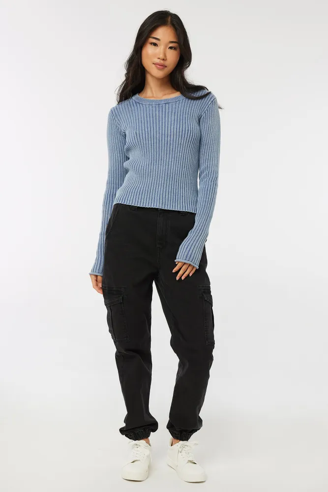 Ardene Denim Cargo Joggers in Black Size Polyester Spandex