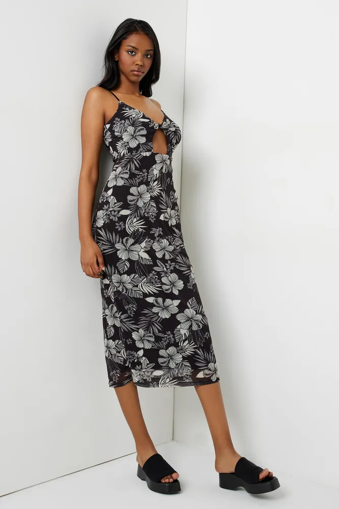 Ardene Tropical Mesh Tank Dress with Cutout in Black Size