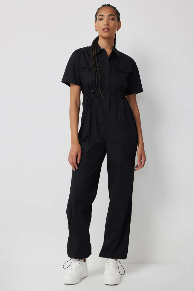 Ardene Cargo Parachute Jumpsuit in Black Size 100 Cotton