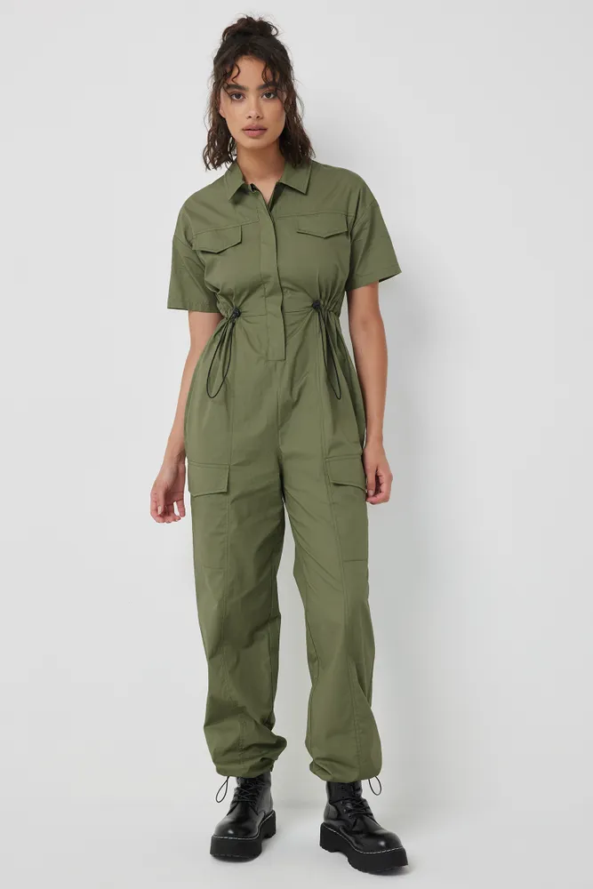 Ardene Cargo Parachute Jumpsuit in Khaki Size 100 Cotton