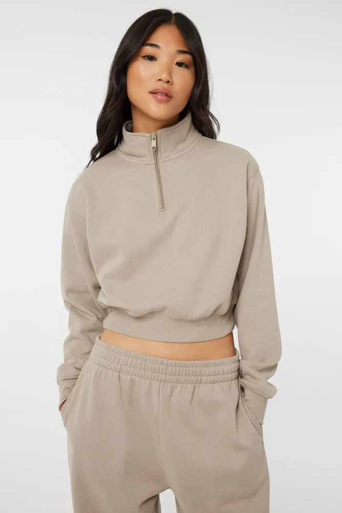 Ardene Crop 1 4 Zip Sweatshirt in Beige Size Polyester Cotton