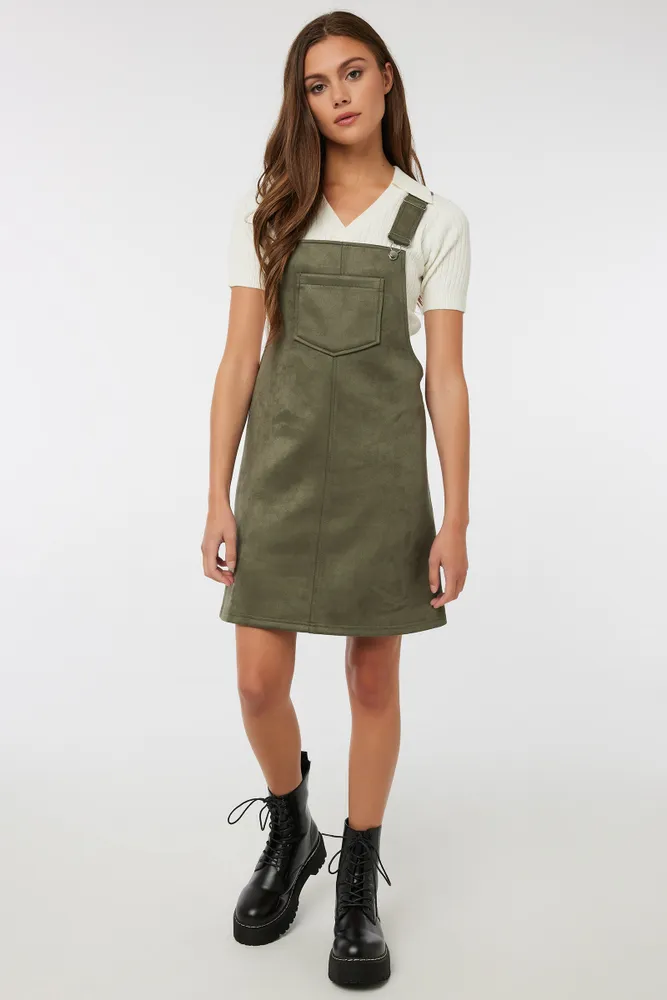 Ardene Faux Suede Overall Dress in Khaki Size Polyester