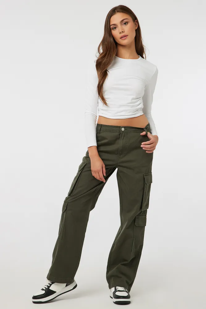 Ardene Straight Leg Cargo Pants in Dark Green Size 100 Cotton