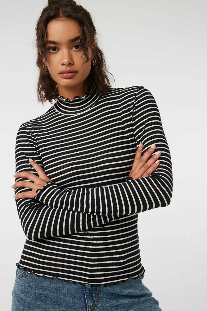 Ardene Striped Lettuce Edge Long Sleeve Top in Size Polyester