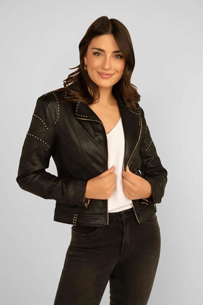 Frank Lyman Studded Moto Jacket With Printed Lining