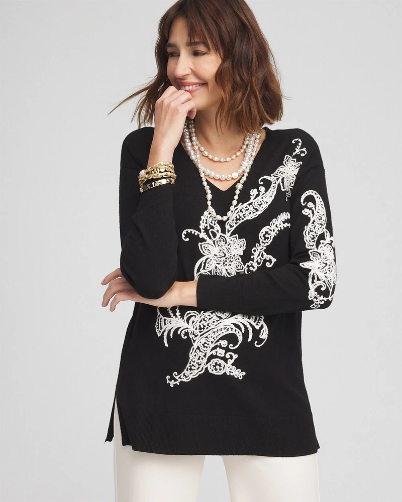 Chico's ECOVERO™ Embroidered V-Neck Pullover Sweater Chico's ECOVERO™ Embroidered V-Neck Pullover Sweater