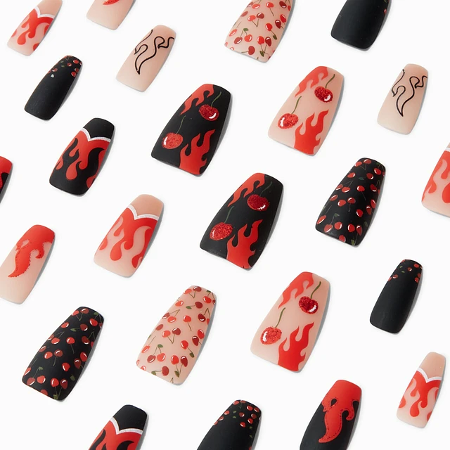 Claire's Cherry Flame Squareletto Vegan Faux Nail Set - 24 Pack