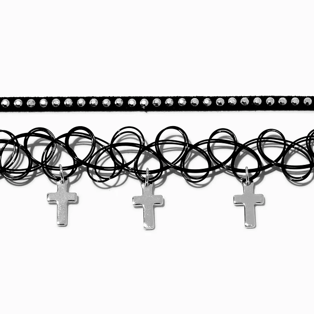Claire's Black Ribbon & Tattoo Cross Dangle Choker Necklaces - 2