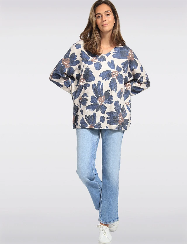 Froccella Printed Wool Blend V-Neck Dolman Sleeves Knit Top