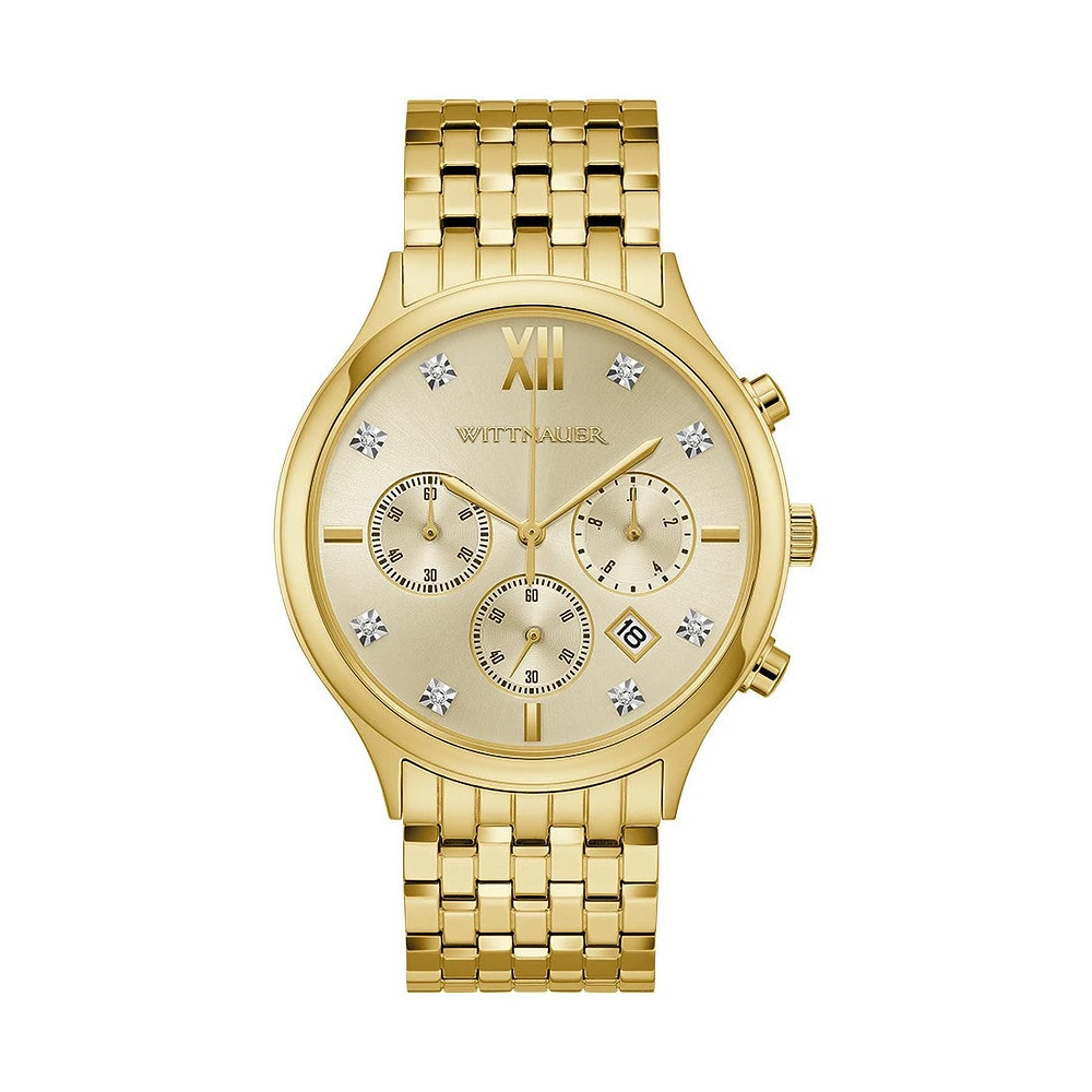 DAN Wittnauer Black Tie 44MM Diamond Dial Goldtone Chronograph