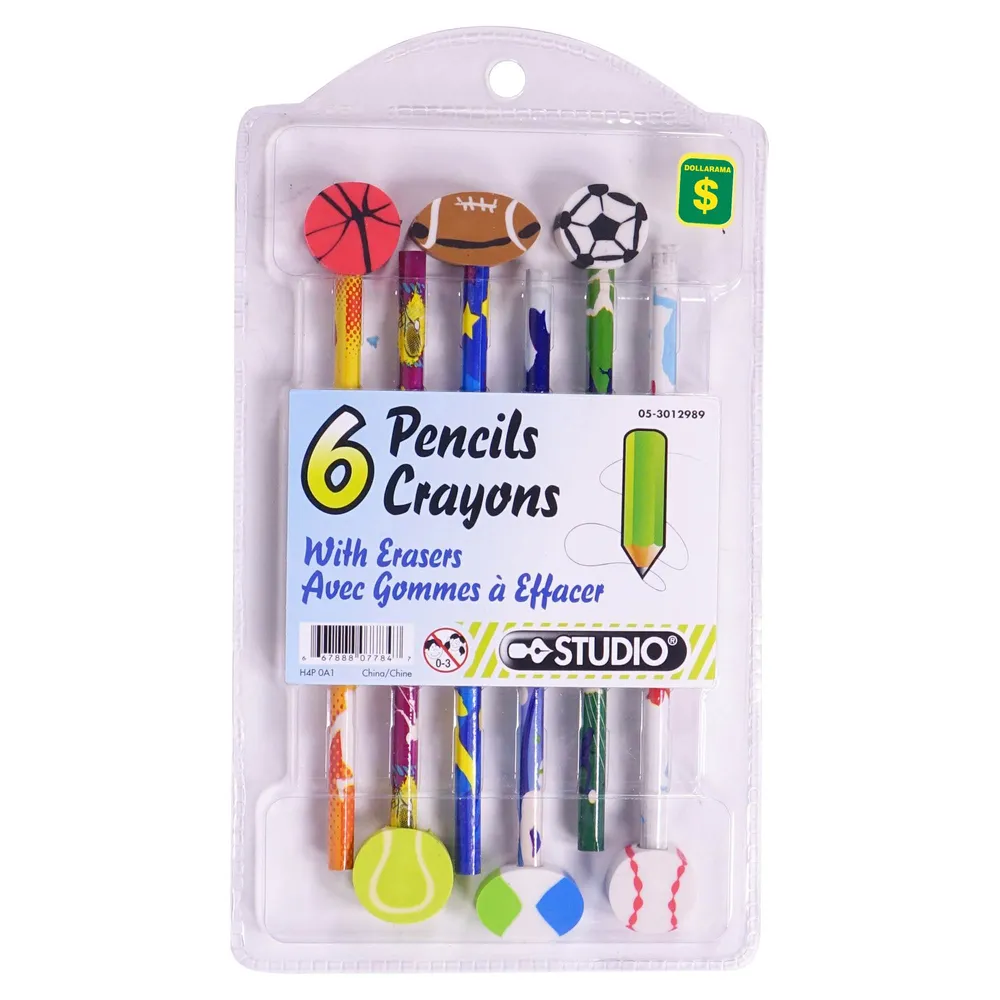 Dollarama Pencils with Theme Eraser 6PK (Assorted Designs and Shapes) Case of 16 Coquitlam