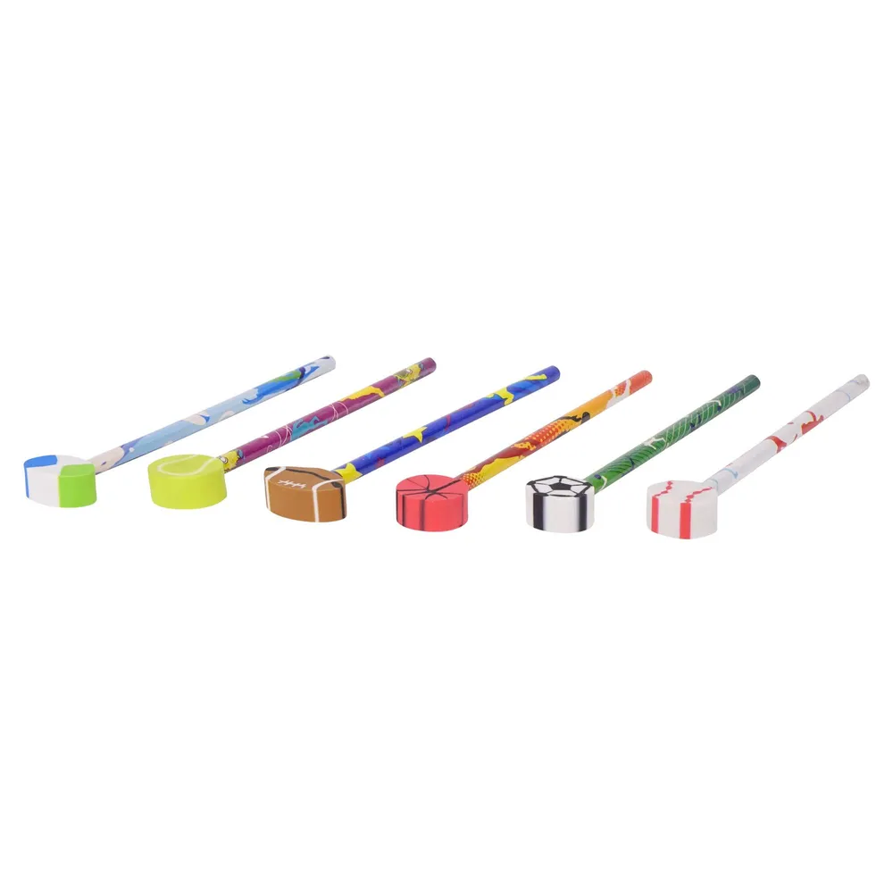 Dollarama Pencils with Theme Eraser 6PK (Assorted Designs and Shapes) Case of 16 The Pen Centre
