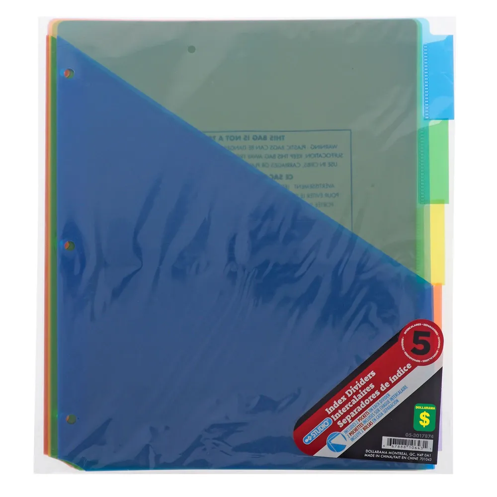 Dollarama 5 Tab Plastic Index divider - Case of 24 | Niagara Pen Centre