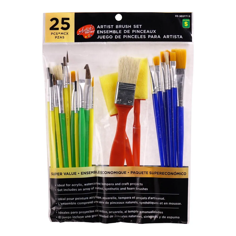 Dollarama Artist Brush Set 25PC (Assorted Shapes and Colours) Case of