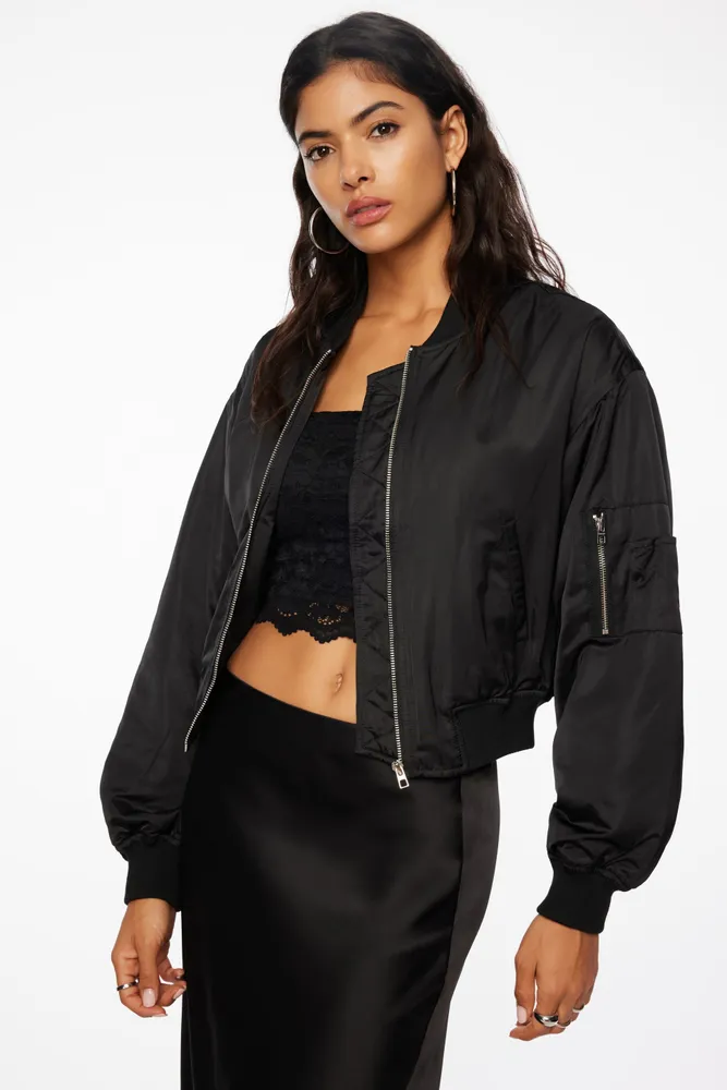 Cropped satin hot sale bomber jacket