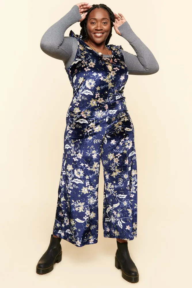 Earthbound Trading Blue Floral Velvet Overall Jumpsuit Hamilton