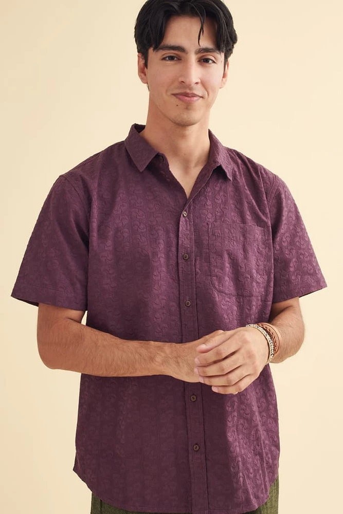 HA Men's Textured Camp Shirt In Nectarine - 4XL Rayon-Polyester Short Sleeve | Wrinkle-Resistant Casual Button-Up