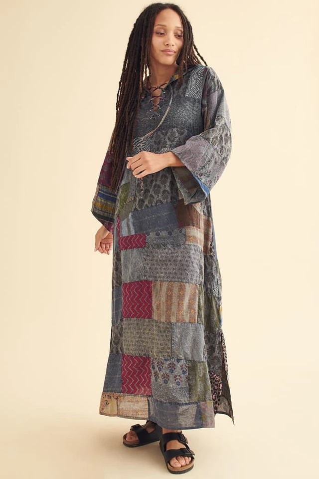 Earth Bound Trading Orange Overdyed Patchwork Maxi Dress