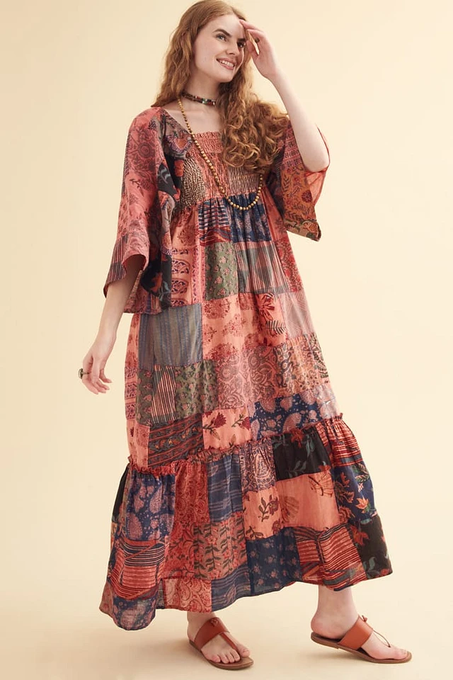 Earth Bound Trading Orange Overdyed Patchwork Maxi Dress