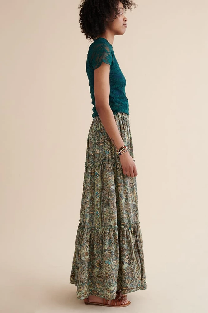 Earth Bound Trading Green Paisley Tiered Sari Maxi Skirt at Earth Bound Trading Green Paisley Tiered Sari Maxi Skirt at