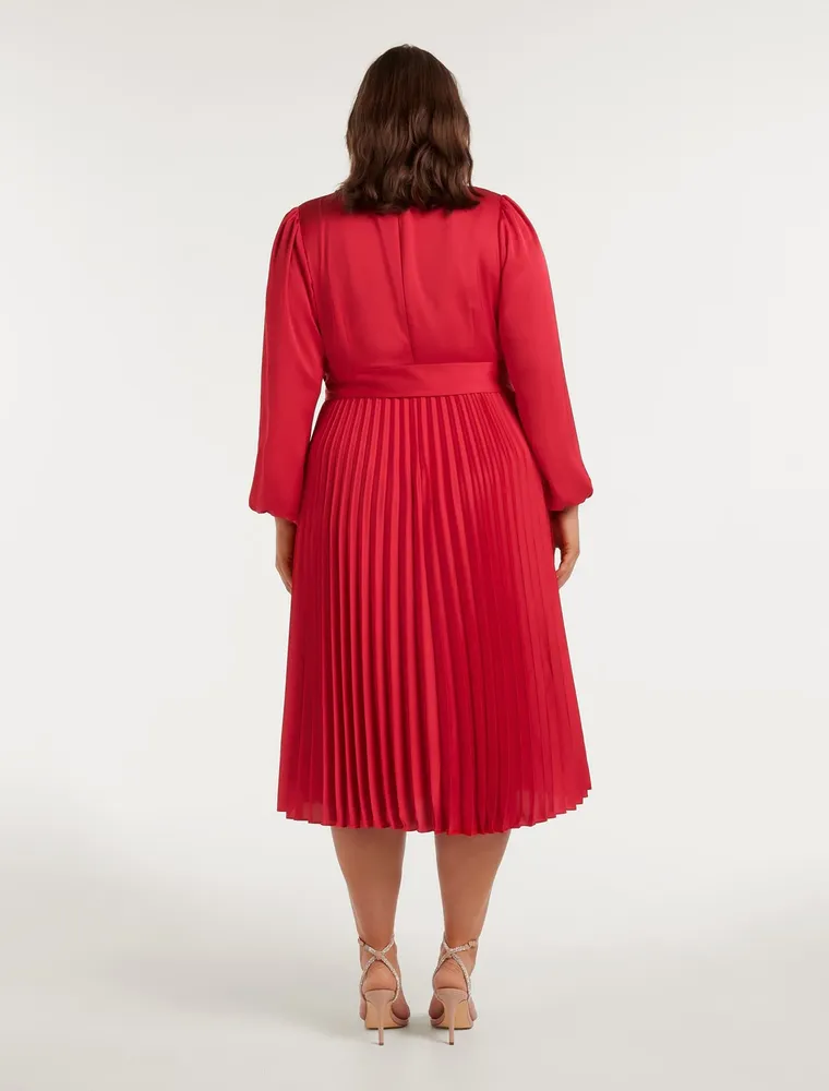 Red long sleeve pleated dress on sale