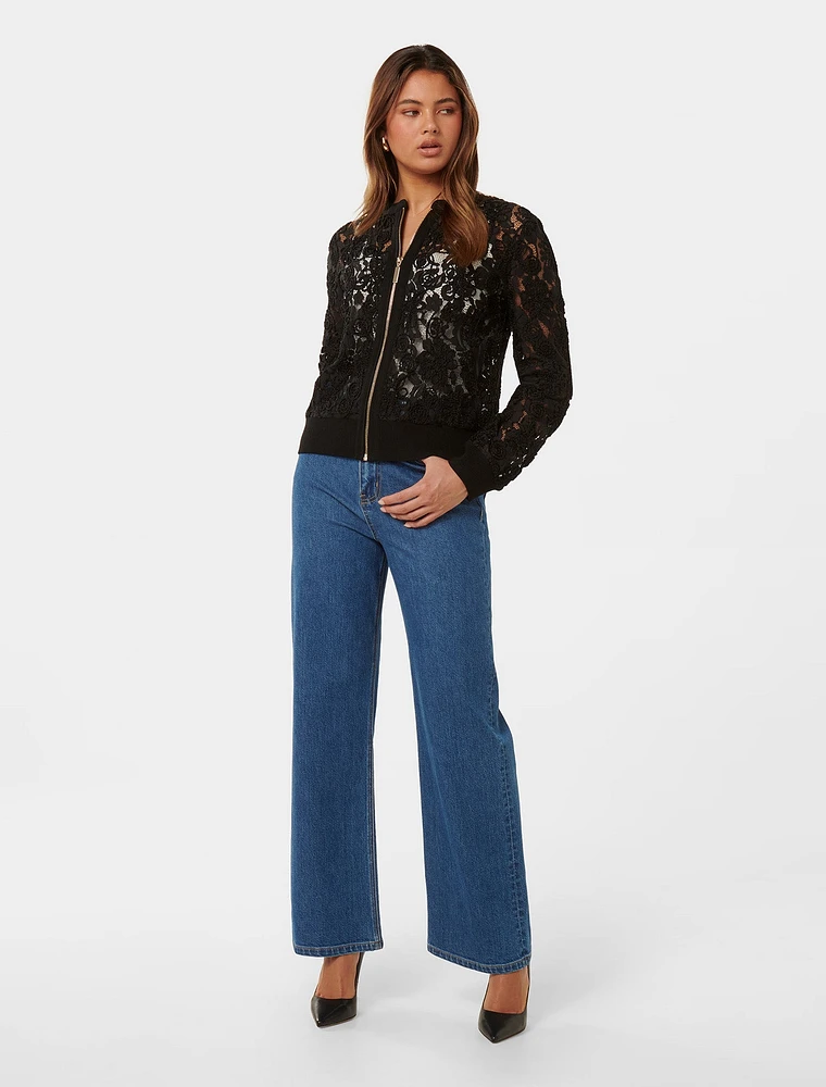 Black lace bomber jacket hotsell
