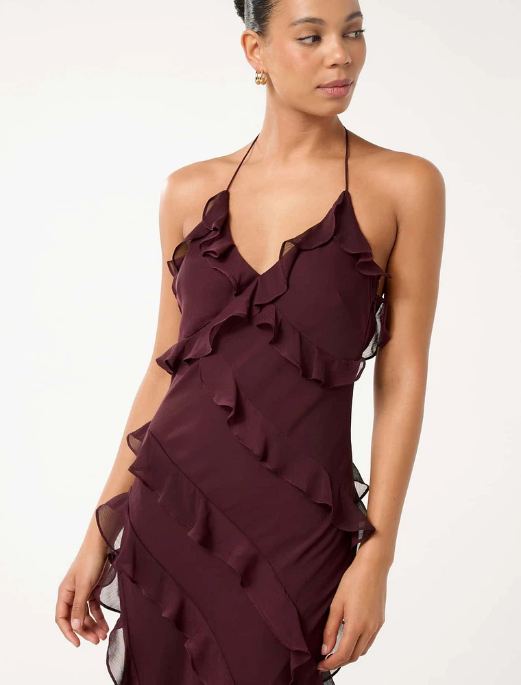 Youllyuu Crewneck Long Sleeve Ruffles Decor Maxi Dresses