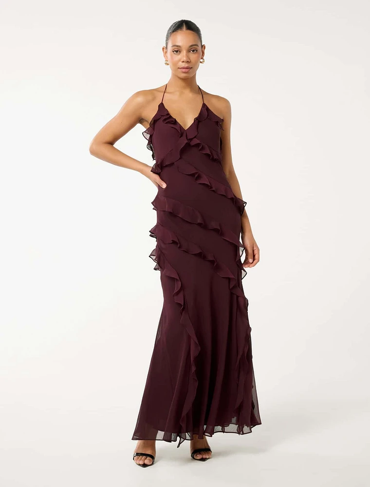 Youllyuu Crewneck Long Sleeve Ruffles Decor Maxi Dresses