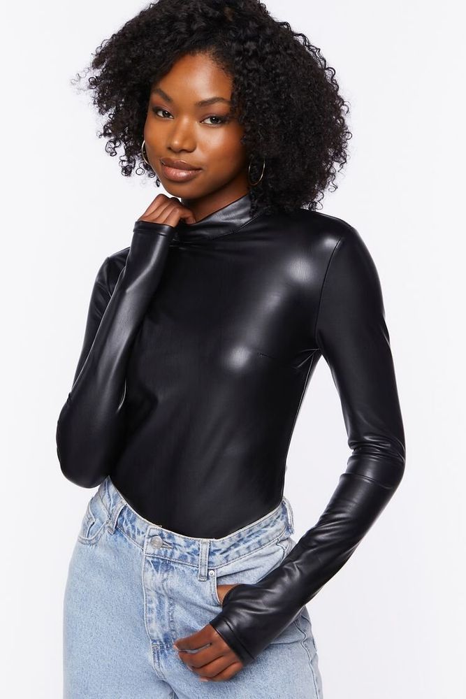 Forever 21 Women s Faux Leather Long Sleeve Bodysuit in Black