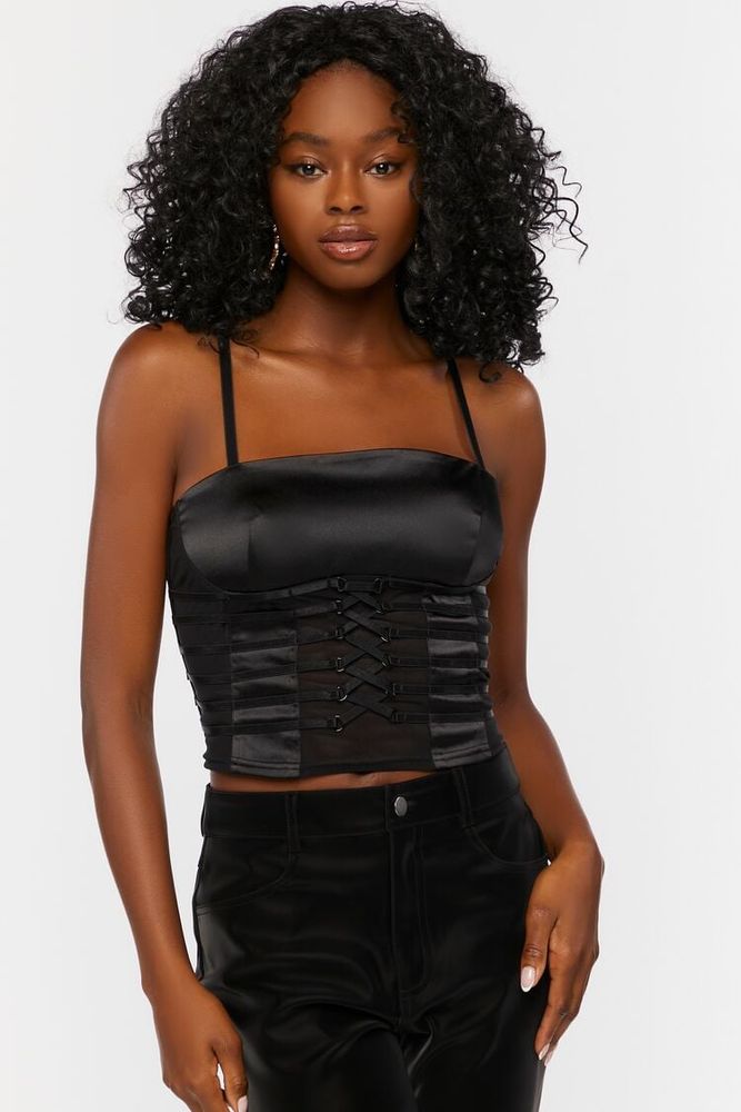 Forever 21 Women s Strappy Satin Cropped Cami in Black Large