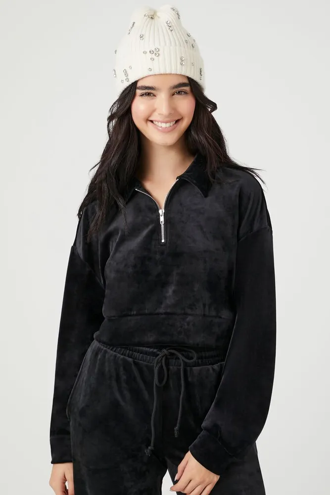 Forever 21 Women s Velvet Half Zip Pullover in Black Large