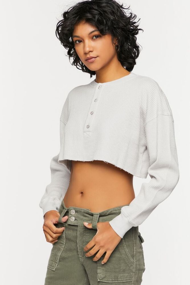 Forever 21 Women s Raw Cut Thermal Crop Top in Light Grey Medium