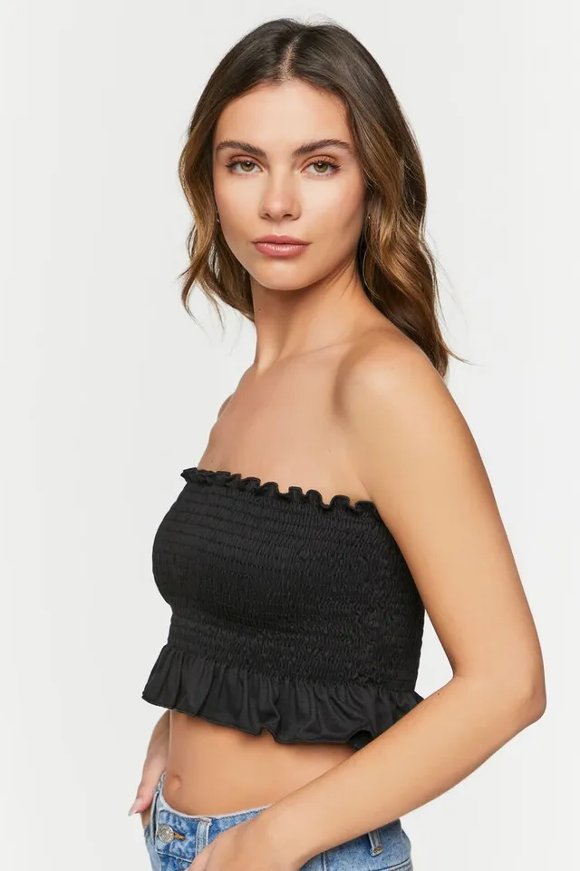 Forever 21 Women s Smocked Ruffle Trim Tube Top Black