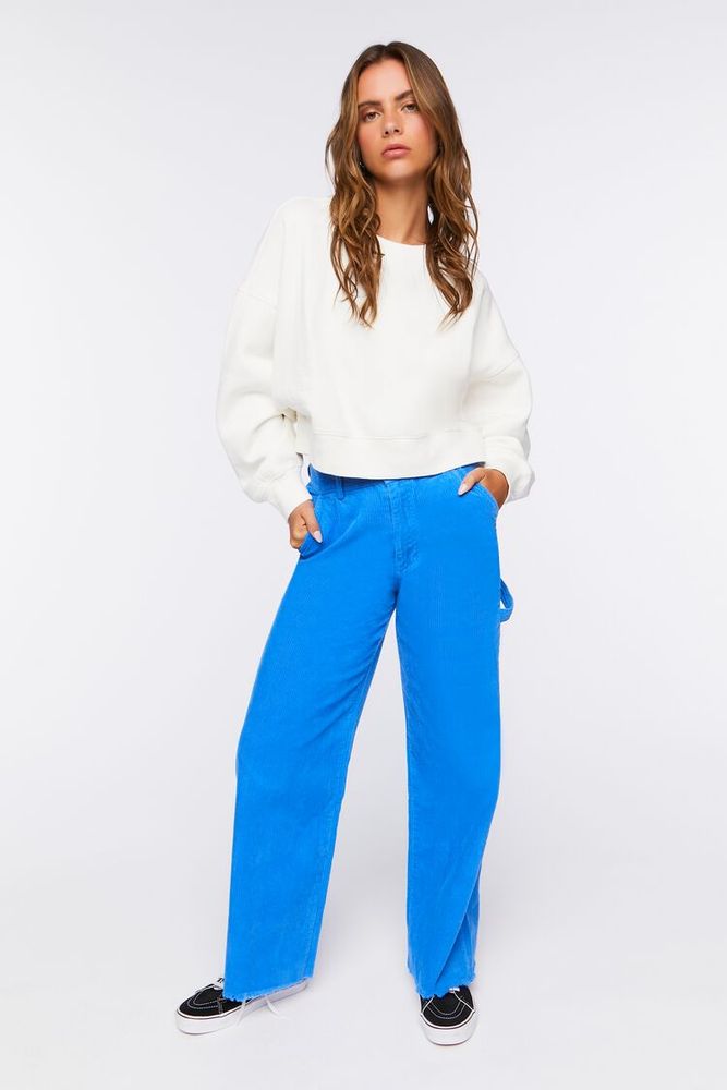 Forever 21 Women's Frayed Corduroy Mid-Rise Pants in Blue Jewel 