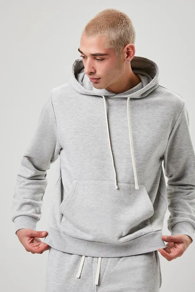 Forever 21 Men Basic Heathered Drawstring Hoodie in Heather Grey
