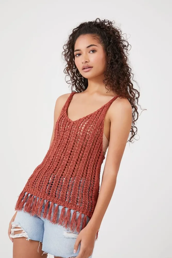 Forever 21 Women s Crochet Tassel Fringe Top in Brown XS