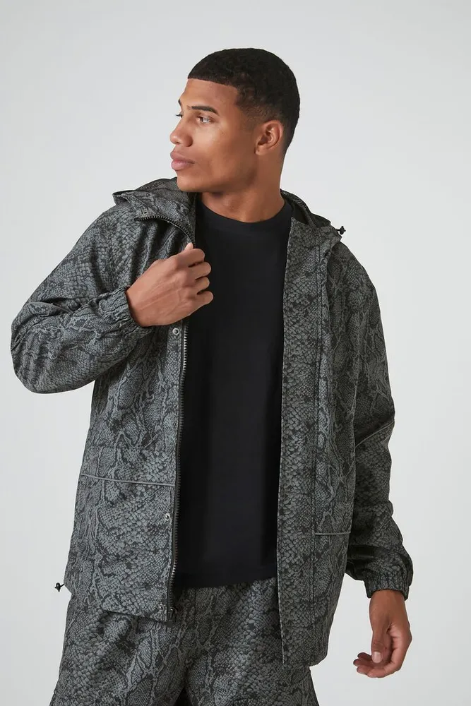 Forever 21 Men Snake Print Hooded Bomber Jacket Grey Black Plaza