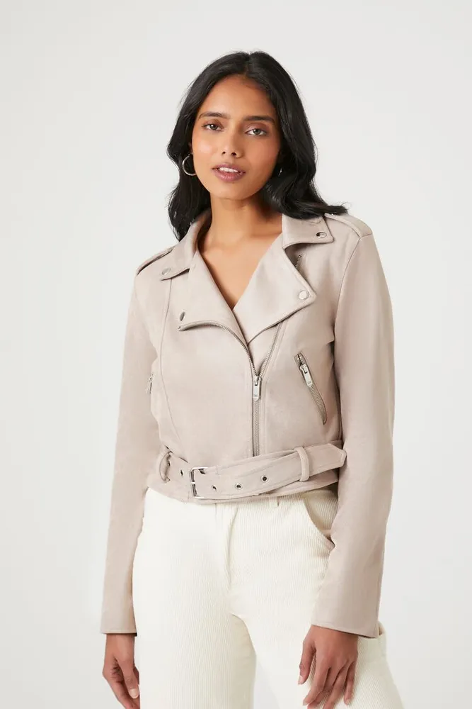 Forever 21 Women s Faux Suede Cropped Moto Jacket in Goat XS