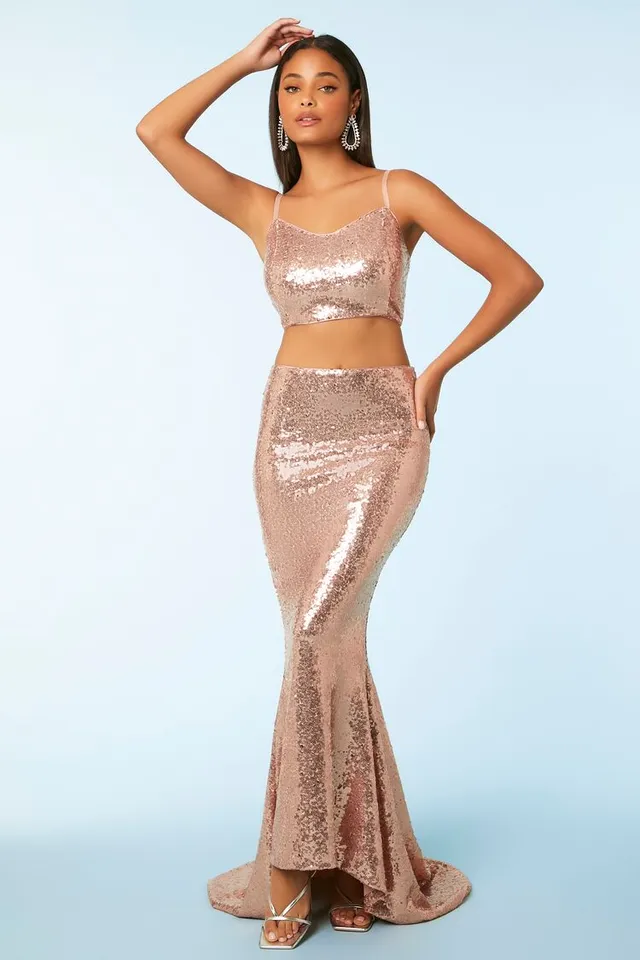 Forever 21 Women s Sequin Crop Top Mermaid Maxi Skirt Set Rose