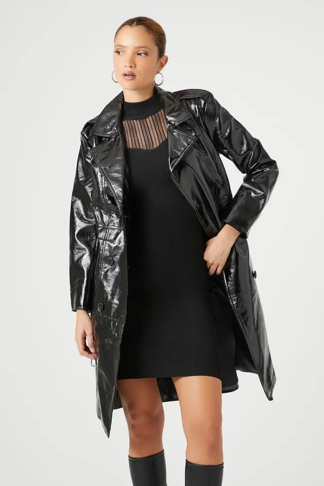 Forever 21 Women's Faux Patent Leather Trench Coat Black