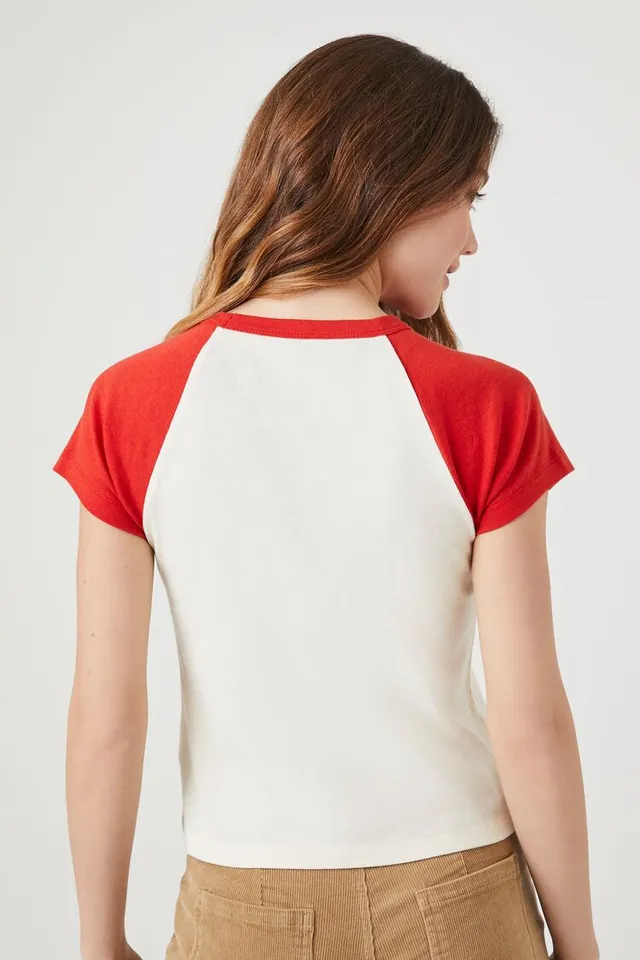 Forever 21 Women's Ribbed Knit Miller Beer Raglan T-Shirt in Cream