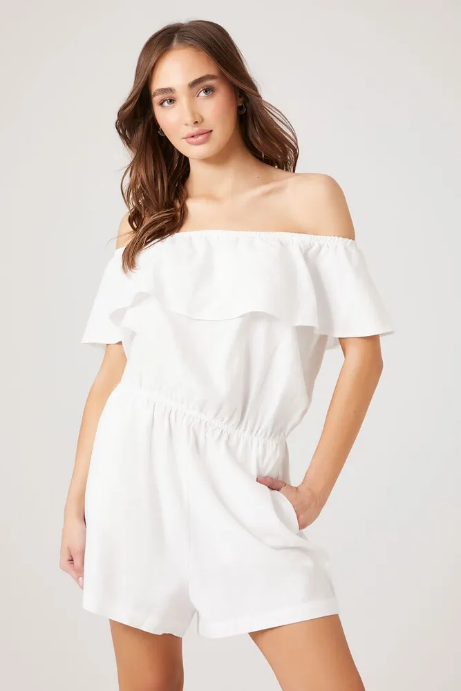 Forever 21 Women s Ruffle Off the Shoulder Romper in White Medium