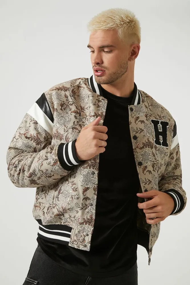Forever 21 Men Ornate Patch Letterman Varsity Jacket in Taupe