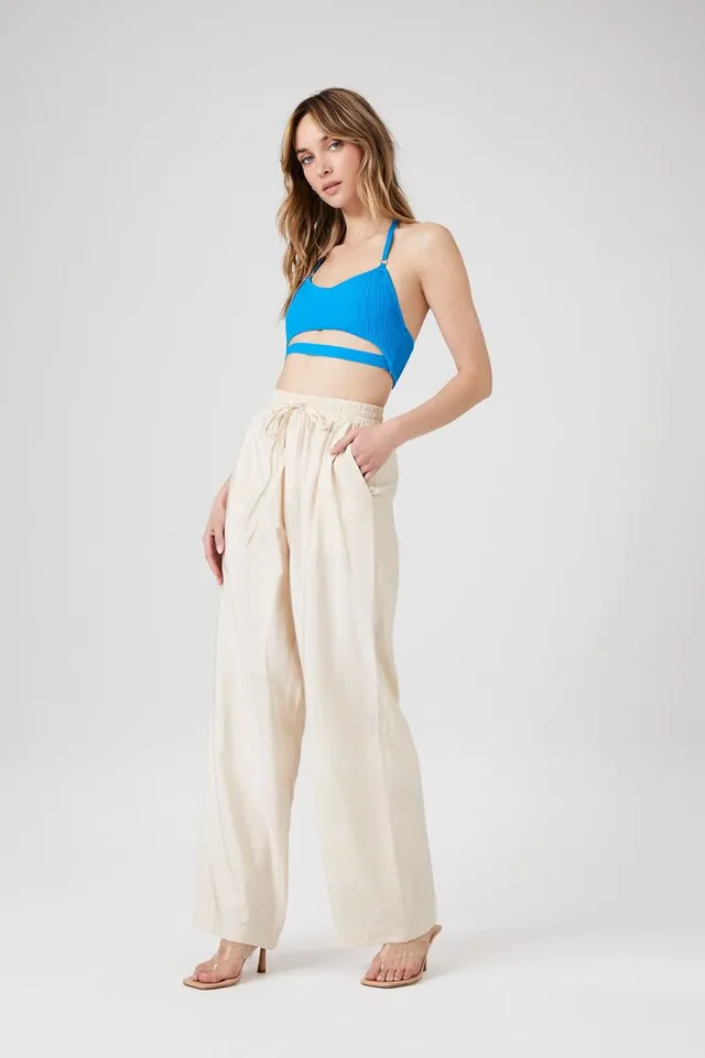 Forever 21 Women s Drawstring Wide Leg Pants in Beige Medium