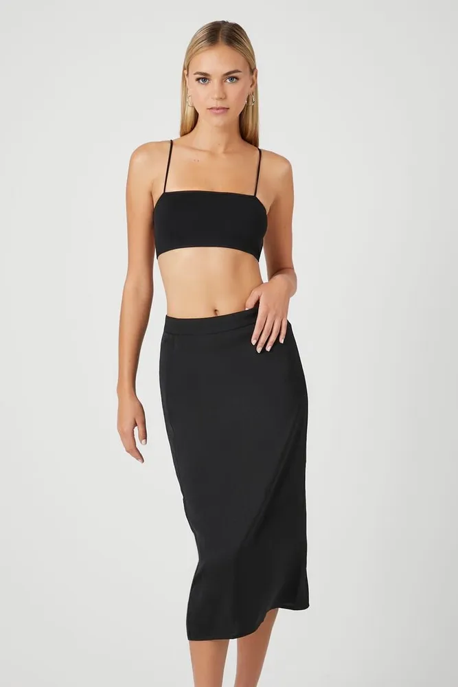 Forever 21 Women s Satin Vented Midi Skirt in Black XS