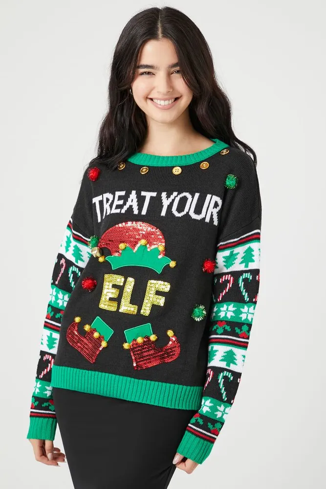 Forever 21 Women s Treat Your Elf Christmas Sweater in Black Large